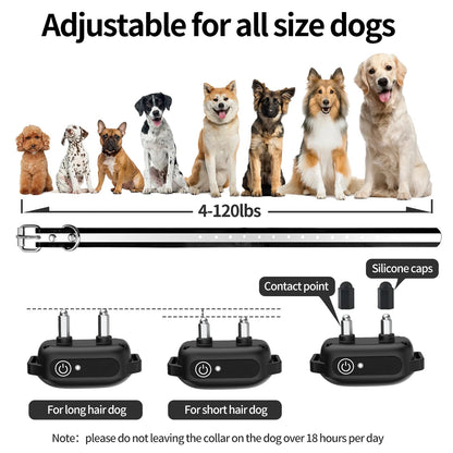 Waterproof remote dog training collar with shock and beep; black, adjustable, suitable for all breeds, ideal for outdoor use.