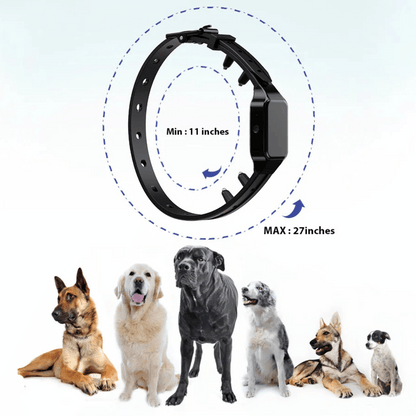 Waterproof shock dog training collar with remote, black adjustable strap, buttons for beep, vibration, safe shock modes.