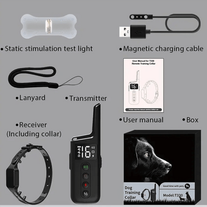 Waterproof shock dog training collar with remote, black adjustable strap, buttons for beep, vibration, safe shock modes.