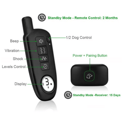 "Waterproof smart dog training collar with remote, 300m range, durable design for effective indoor/outdoor pet training."