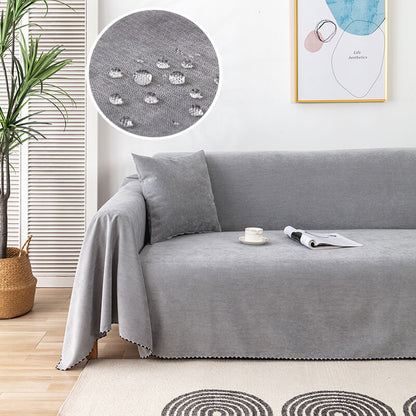 Waterproof sofa throw with jacquard edge, non-slip design, corduroy, and polyester material, protects against spills.