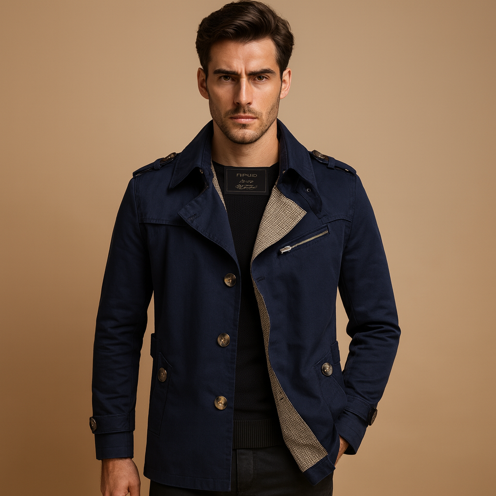 Men’s waterproof trench coat with classic double-breasted design, offering protection against rain and wind for formal and casual wear.