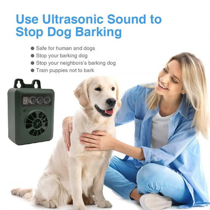 Weather-resistant outdoor ultrasonic anti-bark device; sleek design, pet-friendly; ideal for gardens; easy installation.