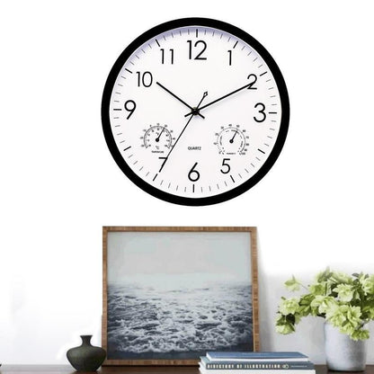 "Weatherproof garden clock with temperature gauge, elegant retro design, easy-read large numbers, ideal outdoor decor."