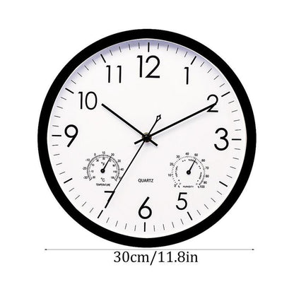 "Weatherproof garden clock with temperature gauge, elegant retro design, easy-read large numbers, ideal outdoor decor."