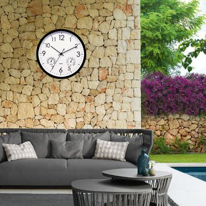 "Weatherproof garden clock with temperature gauge, elegant retro design, easy-read large numbers, ideal outdoor decor."