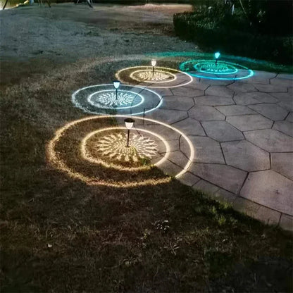 Weatherproof garden light casting intricate mandala shadows, solar-powered, LED, IP65 waterproof, enhances outdoor decor.