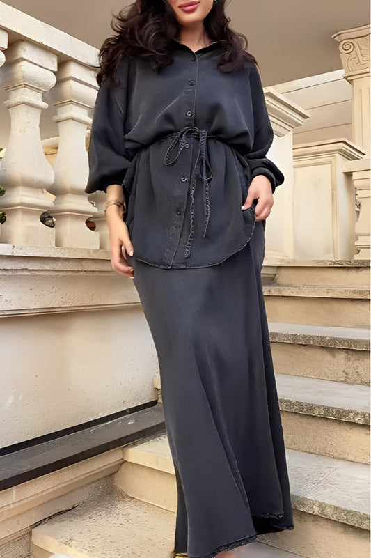 Women's Casual Tie Waist Shirt Dress Set - Luxivelle