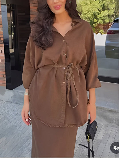 Women's Casual Tie Waist Shirt Dress Set