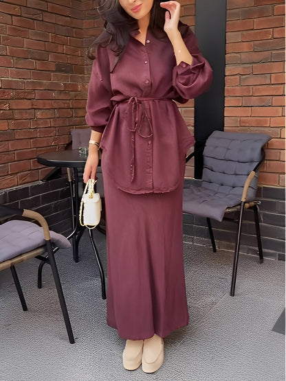 Women's Casual Tie Waist Shirt Dress Set