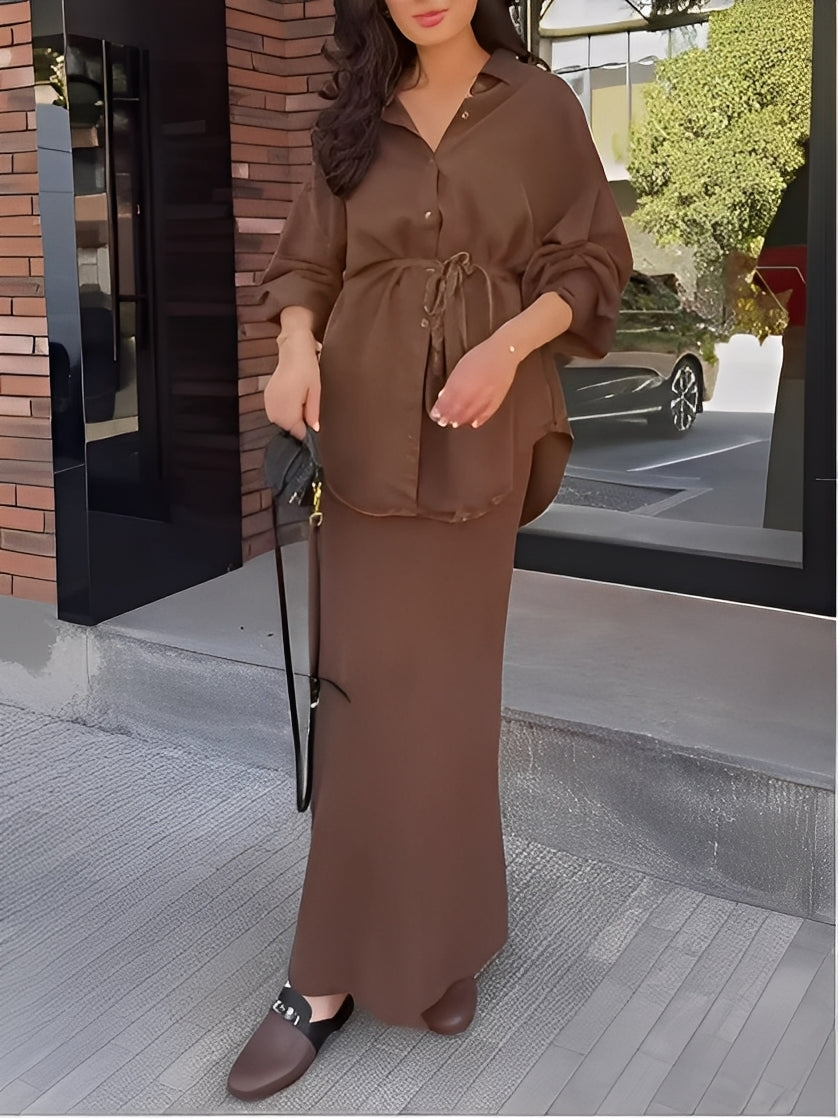 Women's Casual Tie Waist Shirt Dress Set