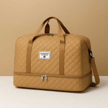 Weekender duffle bag for women with separate shoe compartment, TSA-compliant carry-on design, and water-resistant finish for stylish and organised travel.