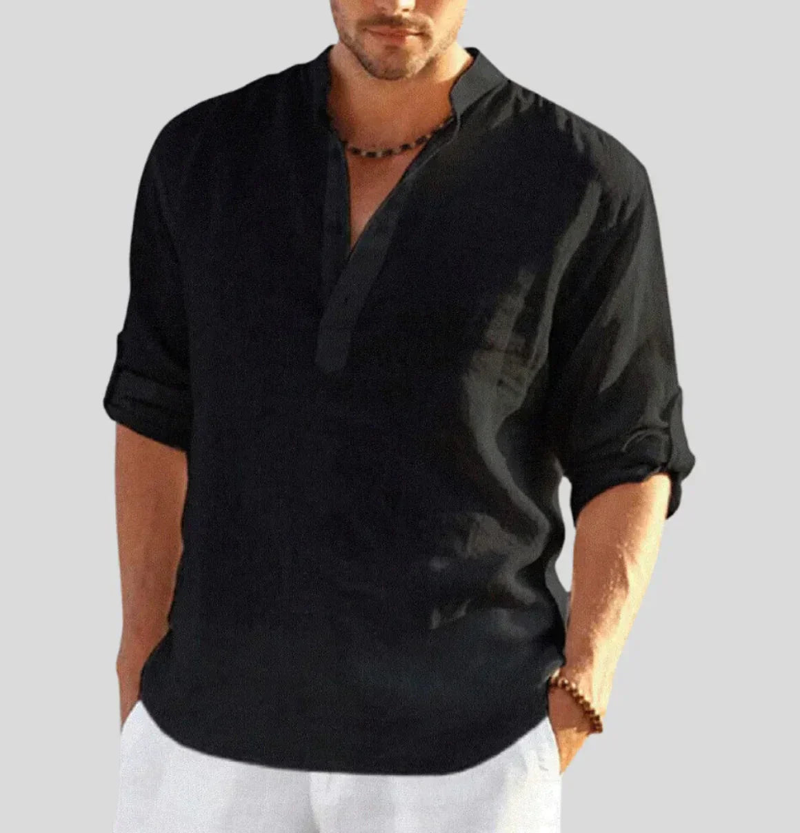 White men's lightweight cotton half-button shirt, relaxed fit. Perfect casual staple for warmer days, breathable and stylish.