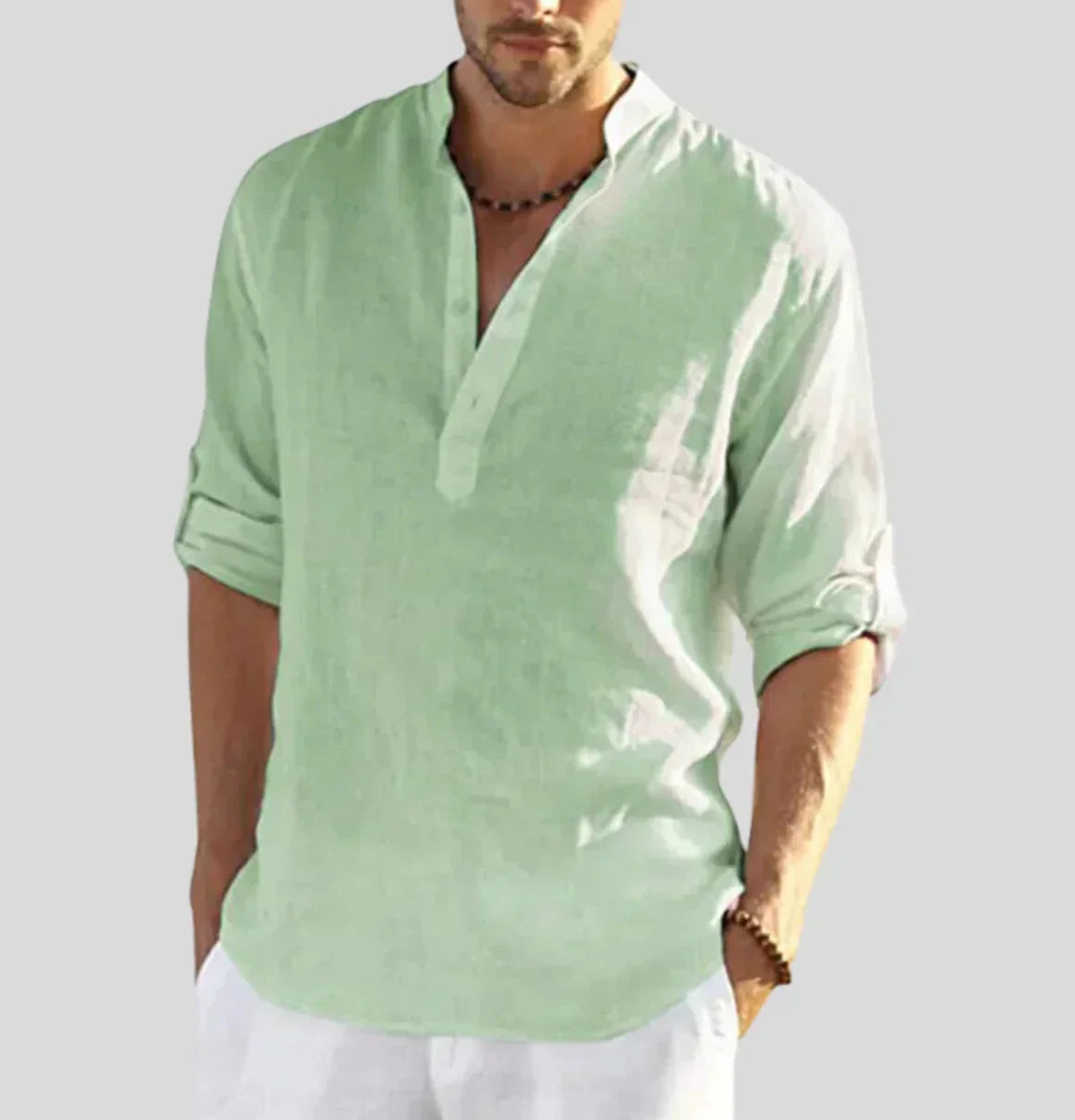 White men's lightweight cotton half-button shirt, relaxed fit. Perfect casual staple for warmer days, breathable and stylish.