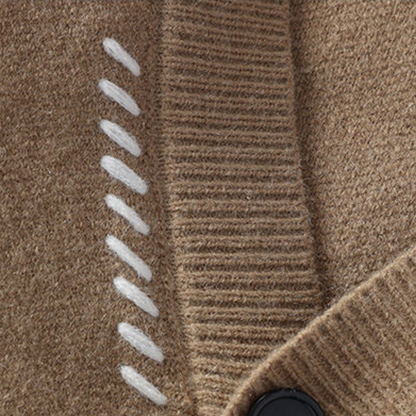 "White men's wool cardigan sweater with button-up front, ribbed cuffs, and black stitch detail for stylish winter wear."
