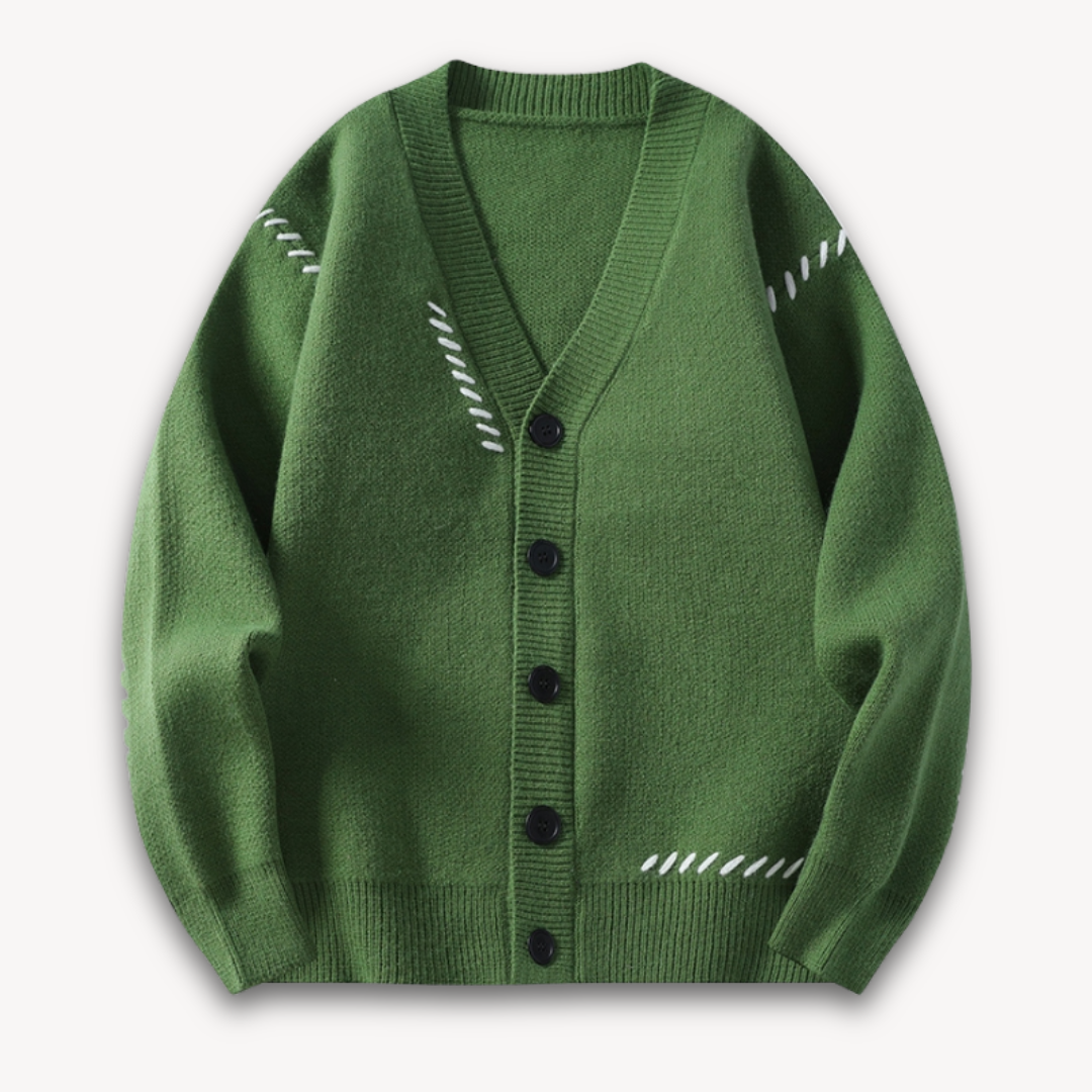 "White men's wool cardigan sweater with button-up front, ribbed cuffs, and black stitch detail for stylish winter wear."