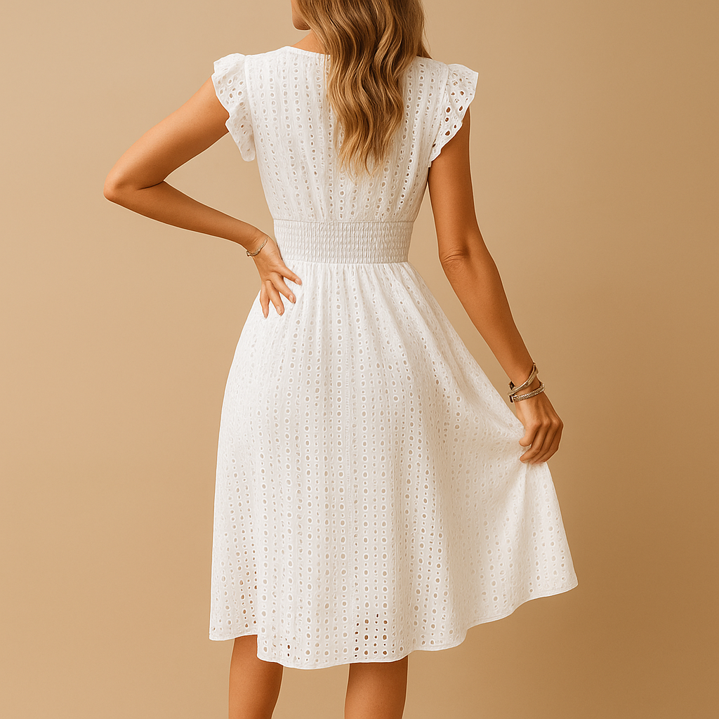 White sleeveless midi summer dress for women with ruffle details and breathable fabric, ideal for holidays, garden parties, and warm days.
