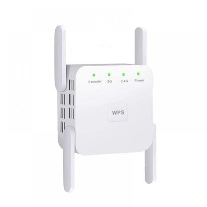 Wi-Fi Extender 1200Mbps, dual-band, four antennas, sleek white design. Ideal for UK homes, enhances internet coverage.
