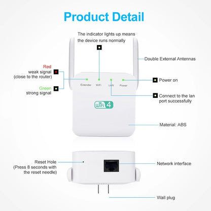 Wi-Fi Extender 1200Mbps, dual-band, four antennas, sleek white design. Ideal for UK homes, enhances internet coverage.