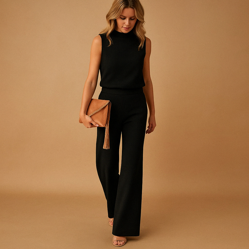 Women’s wide-leg jumpsuit with round neck and mid-waist fit in pink, red, blue, or black, perfect for elegant occasions or daily wear.