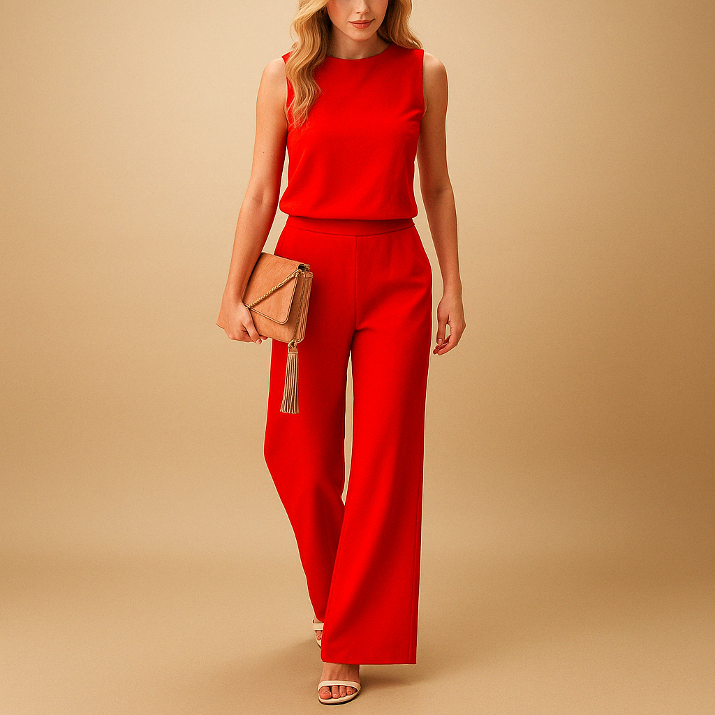 Women’s wide-leg jumpsuit with round neck and mid-waist fit in pink, red, blue, or black, perfect for elegant occasions or daily wear.