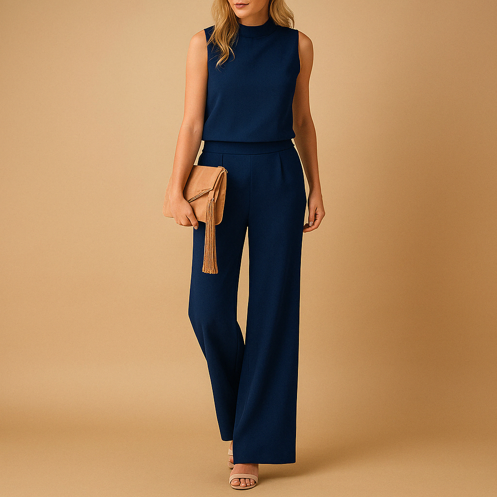 Women’s wide-leg jumpsuit with round neck and mid-waist fit in pink, red, blue, or black, perfect for elegant occasions or daily wear.