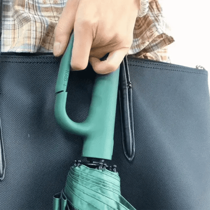 "Windproof automatic folding umbrella with reflective strip, featuring 10-rib construction, reverse folding, and carabiner ha