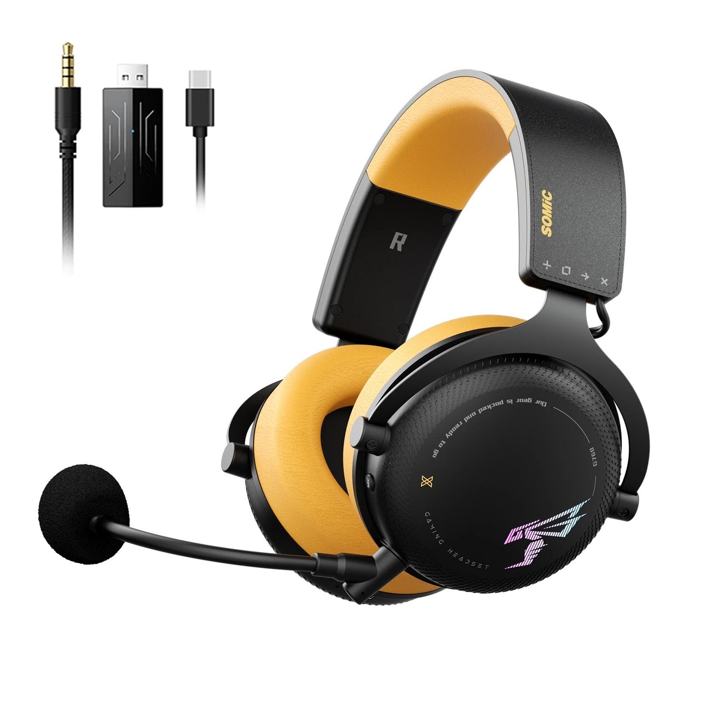 Cordless Gaming Headphones with Removable Mic, Colorful Lights - Luxivelle
