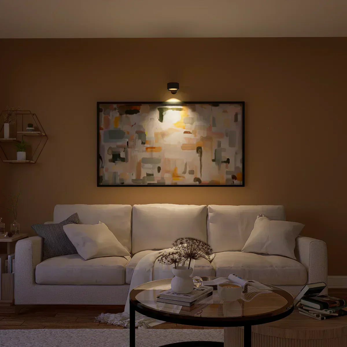 Wireless LED wall light, stick-on, black and white, cordless, for indoor and outdoor use, emits warm white glow, energy-effic