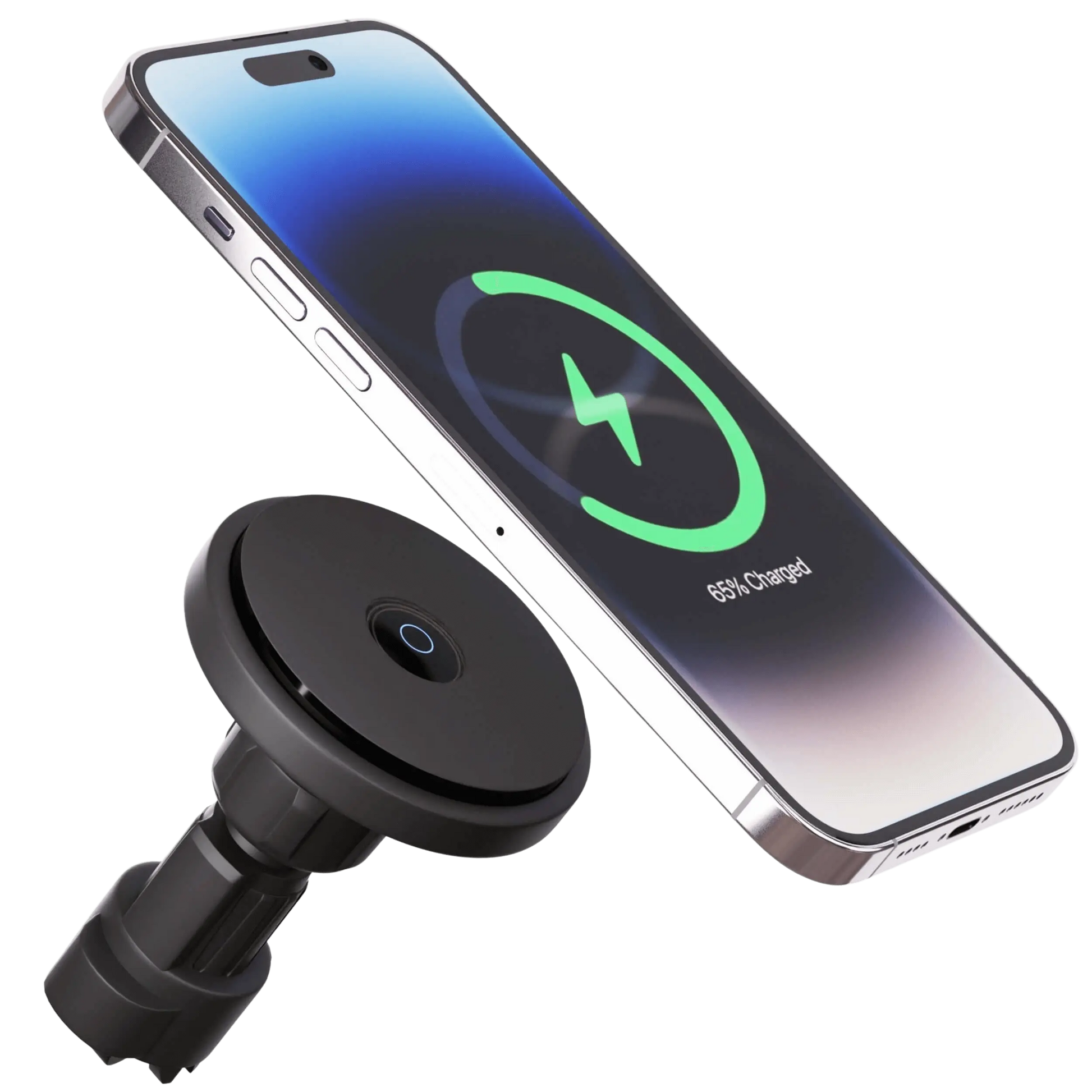 "Wireless MagSafe car charger and phone mount for iPhone, sleek design, strong magnetic hold, seamless interior fit."