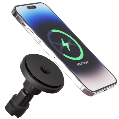 "Wireless MagSafe car charger and phone mount for iPhone, sleek design, strong magnetic hold, seamless interior fit."