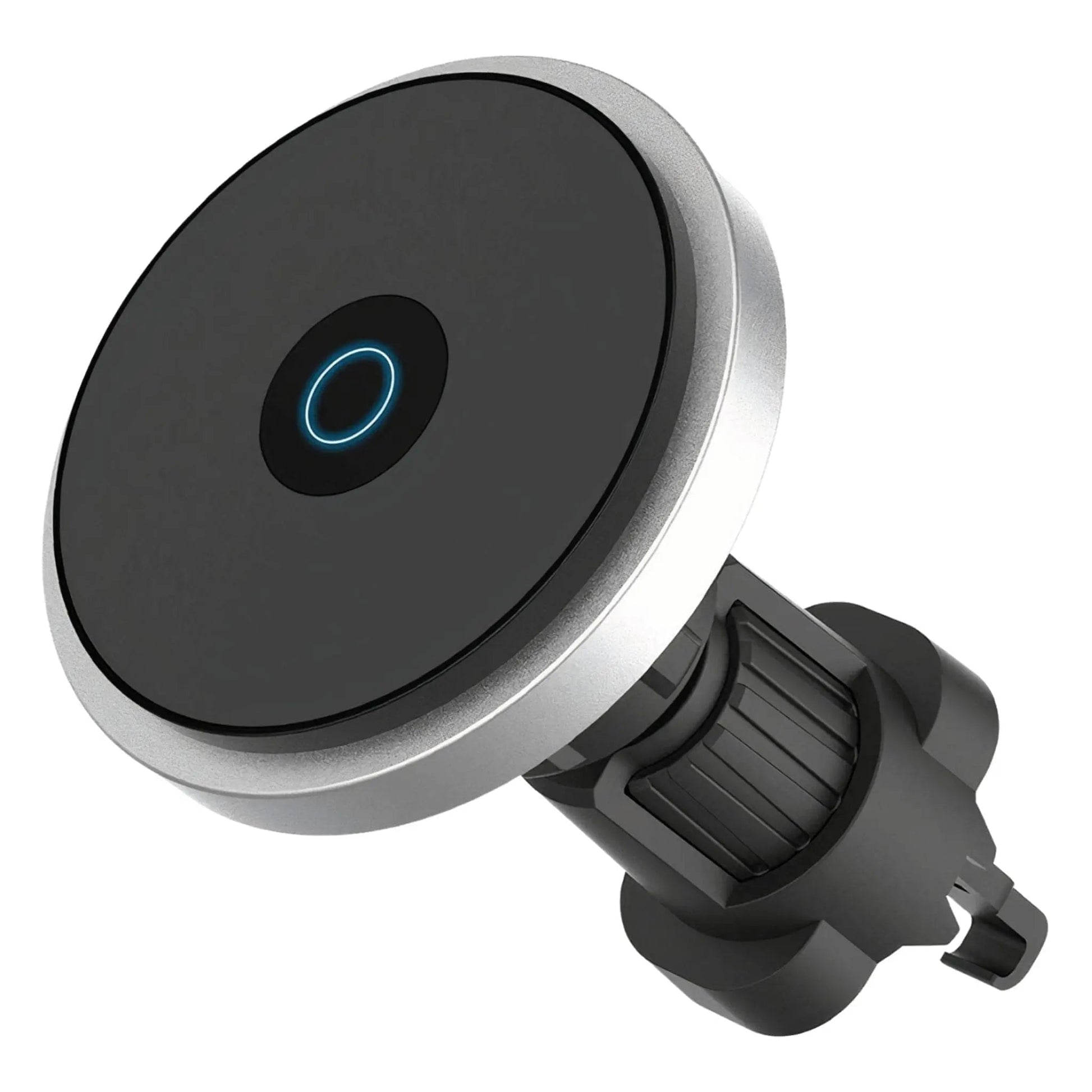 "Wireless MagSafe car charger and phone mount for iPhone, sleek design, strong magnetic hold, seamless interior fit."