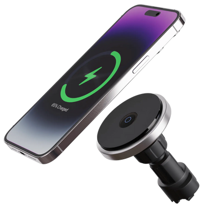 "Wireless MagSafe car charger and phone mount for iPhone, sleek design, strong magnetic hold, seamless interior fit."