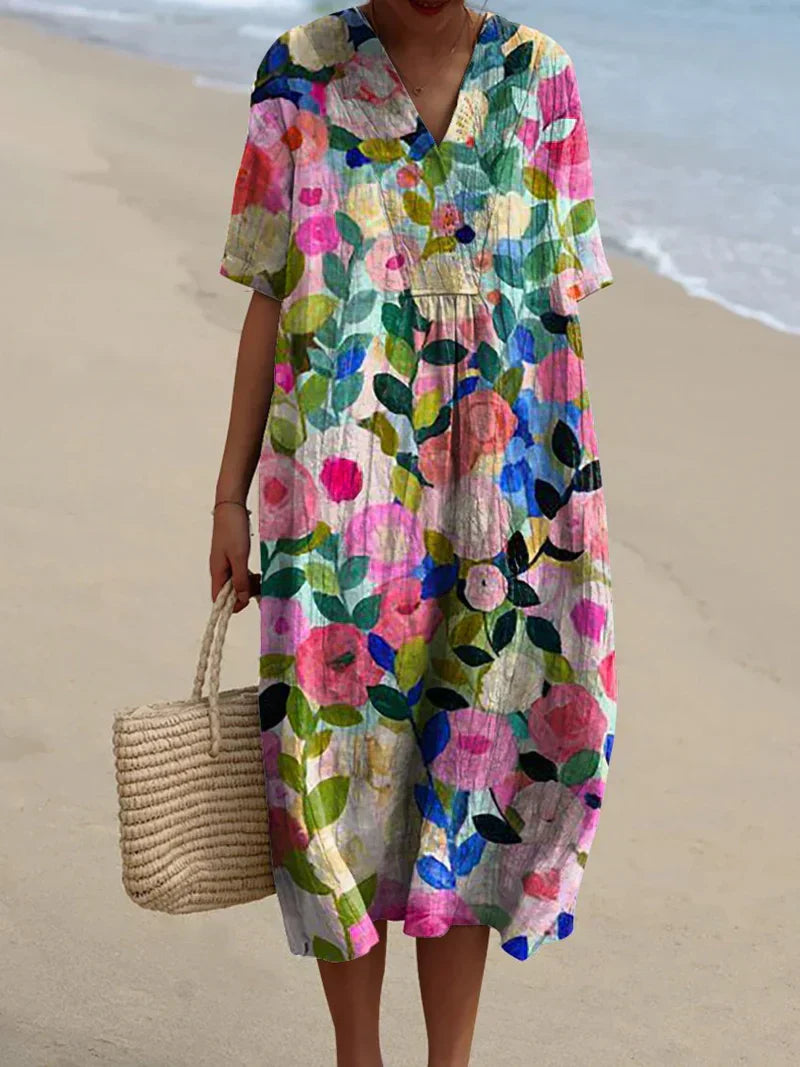 Vibrant Garden Print Summer Dress - Luxivelle