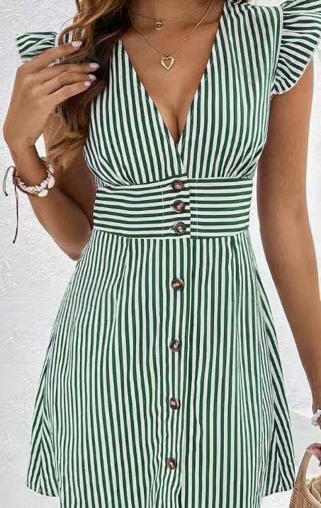 "Women's A-Line Dress with ruffle sleeves and a button front, side view, striped cotton blend for casual elegance."