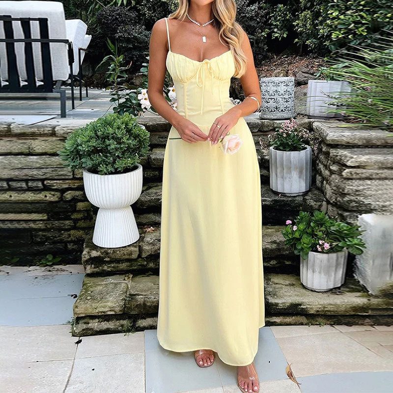 Flowy V-Neck Maxi Dress for Women with Adjustable Straps - Luxivelle