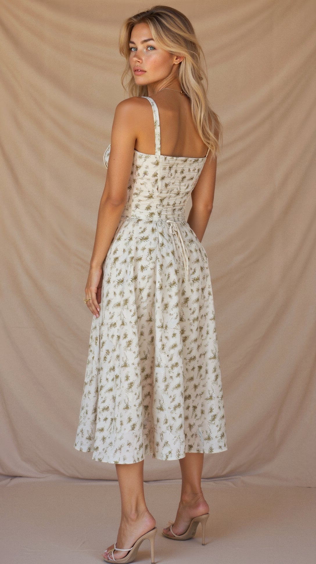 Women's Arabella waist dress with sweetheart neckline, light summer fabric, adjustable fit for elegant silhouette styling.