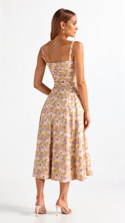 Women's Arabella waist dress with sweetheart neckline, light summer fabric, adjustable fit for elegant silhouette styling.