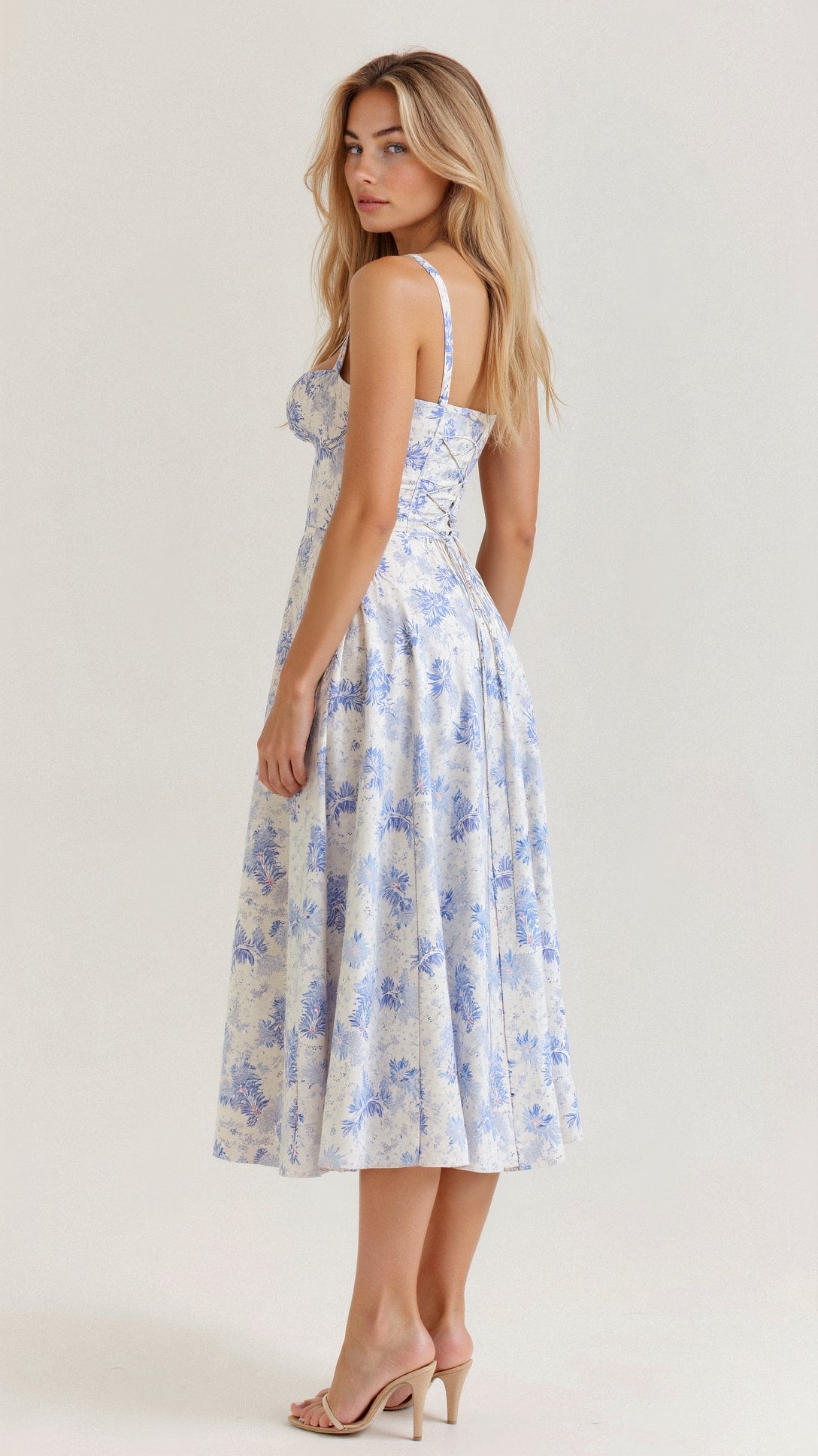 Women's Arabella waist dress with sweetheart neckline, light summer fabric, adjustable fit for elegant silhouette styling.