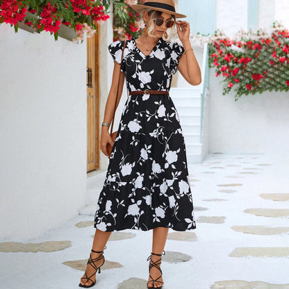 Classic Floral V Neck Women's Dress - Luxivelle