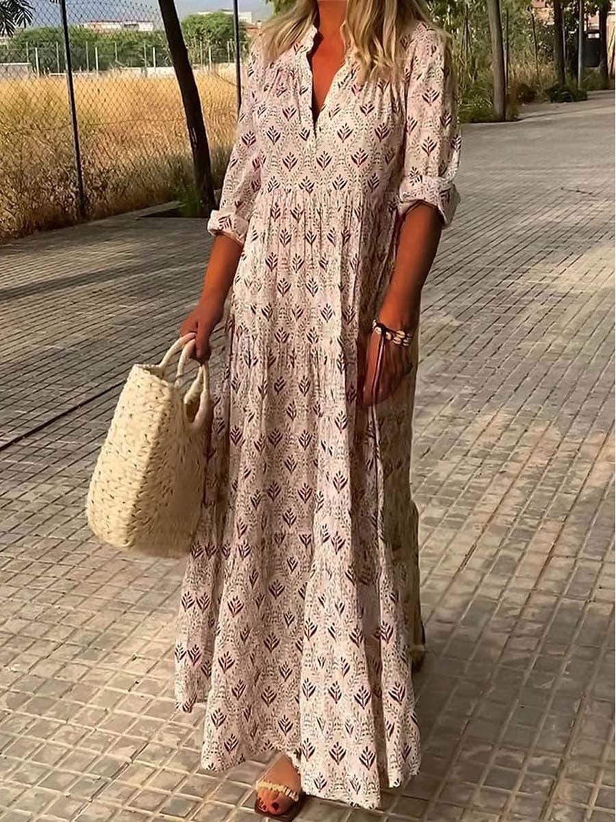 Women's Chic V-Neck Long Maxi Dress in Lightweight Fabric - Luxivelle
