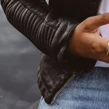 Women's casual black vegan leather biker jacket with long sleeves and chic style, perfect for sustainable fashion.