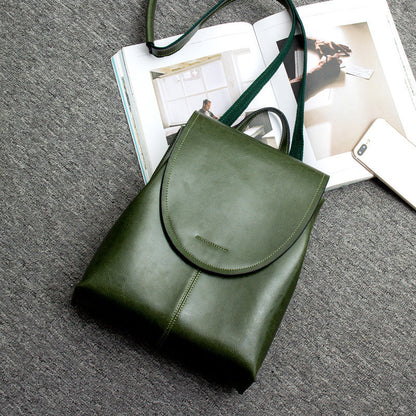 "Women's chic leather backpack, minimalist design, high-quality leather, adjustable straps, versatile for work and travel."
