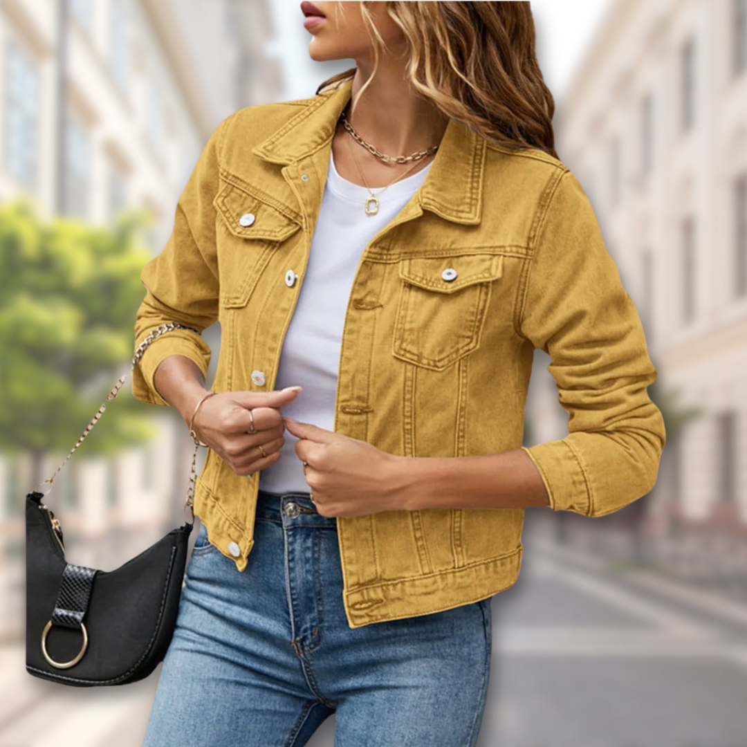 "Women's denim jacket with button-up front, available in multiple colors, adds chic style for all-season versatility."