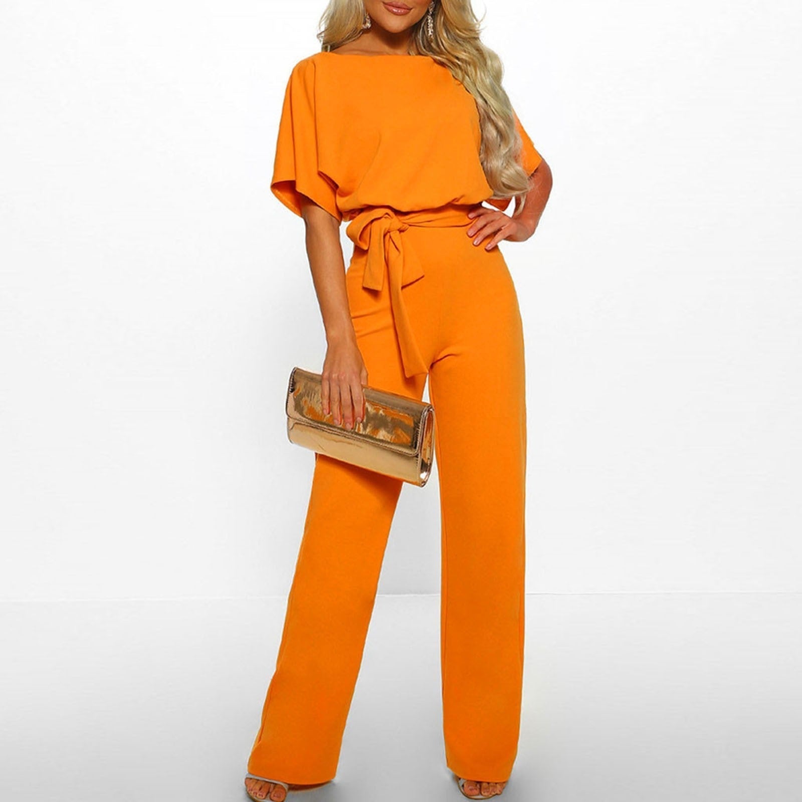 "Women's elegant belted jumpsuit, available in beige, black, blue. Features sleek design, versatile for any occasion."