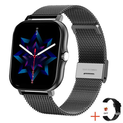 Women's elegant fitness tracker smartwatch, slim and stylish, displaying wellness features on a sleek touch screen.