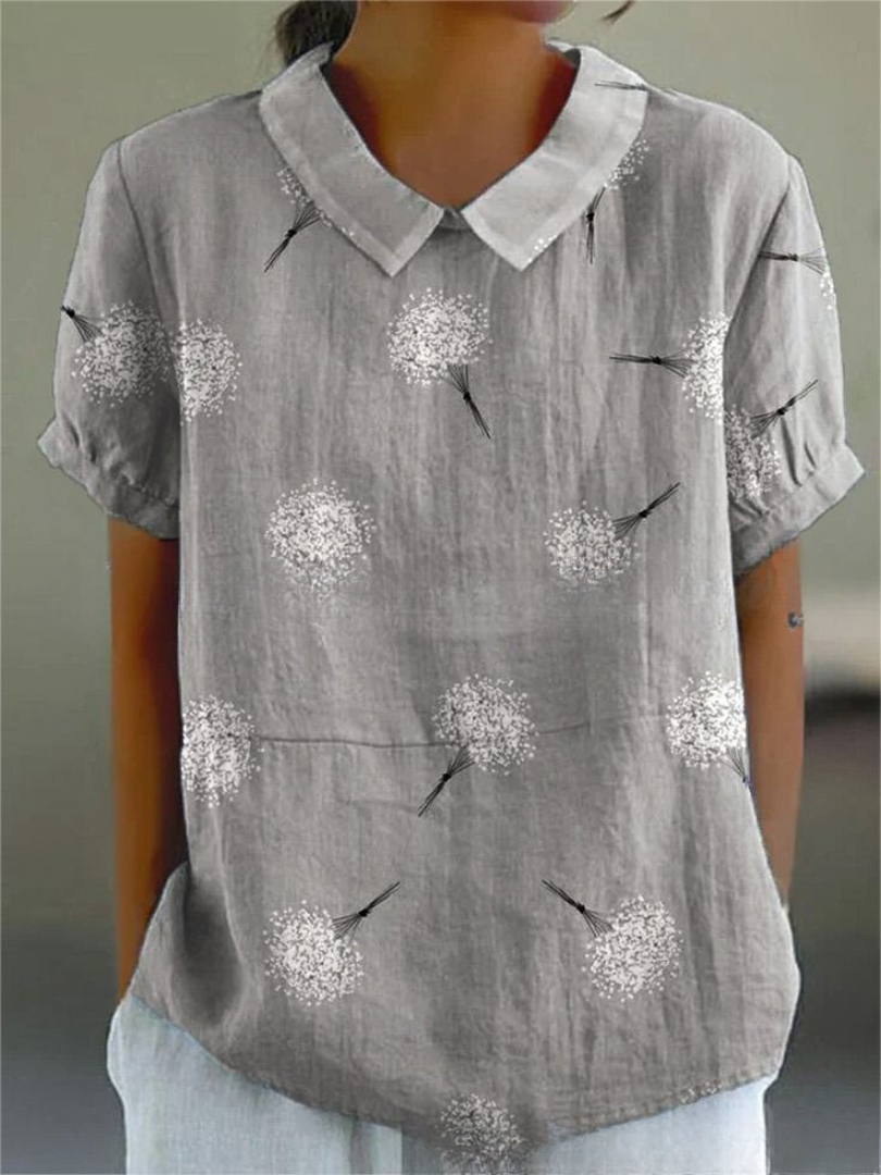 Women's elegant floral blouse with short sleeves and Peter Pan collar, featuring a vibrant floral pattern for stylish summer 
