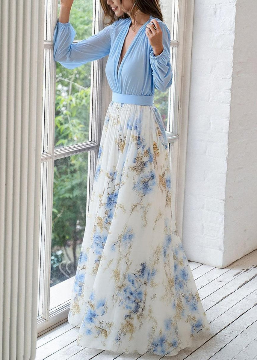 Ladies Beautiful Long Floral V Neck Dress - Luxivelle