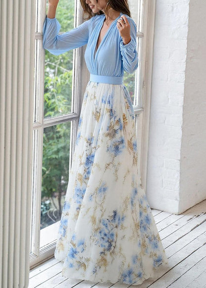 Ladies Beautiful Long Floral V Neck Dress - Luxivelle