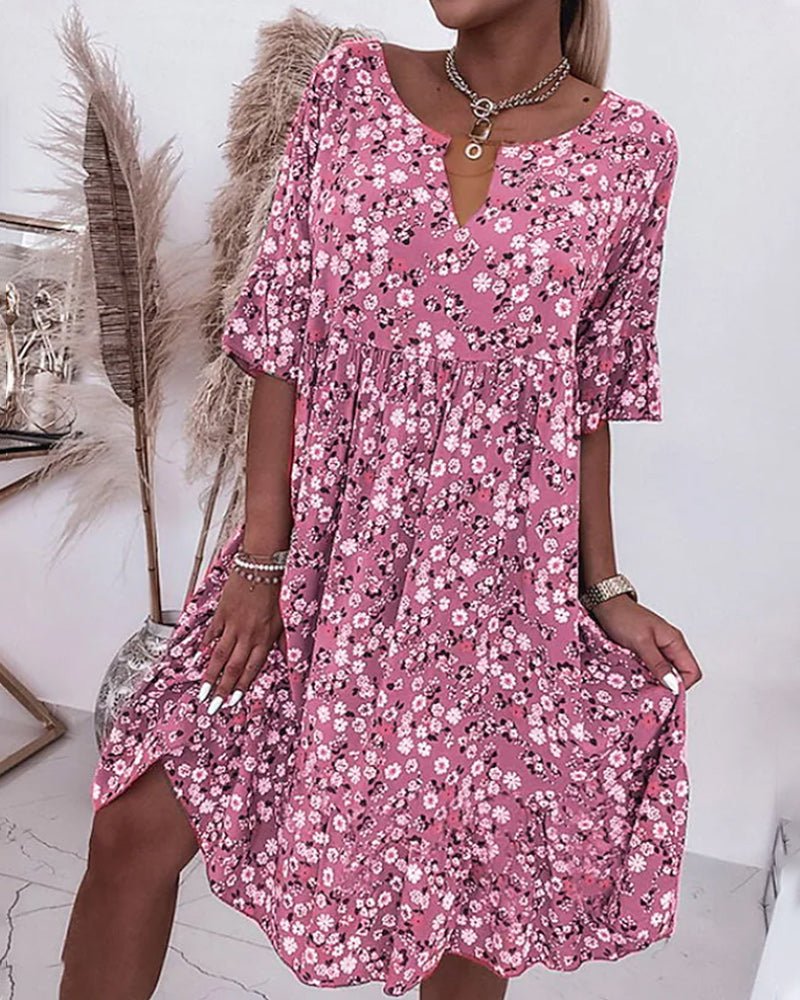Ladies' Pretty Flower V-Neck Knee Length Dress - Luxivelle